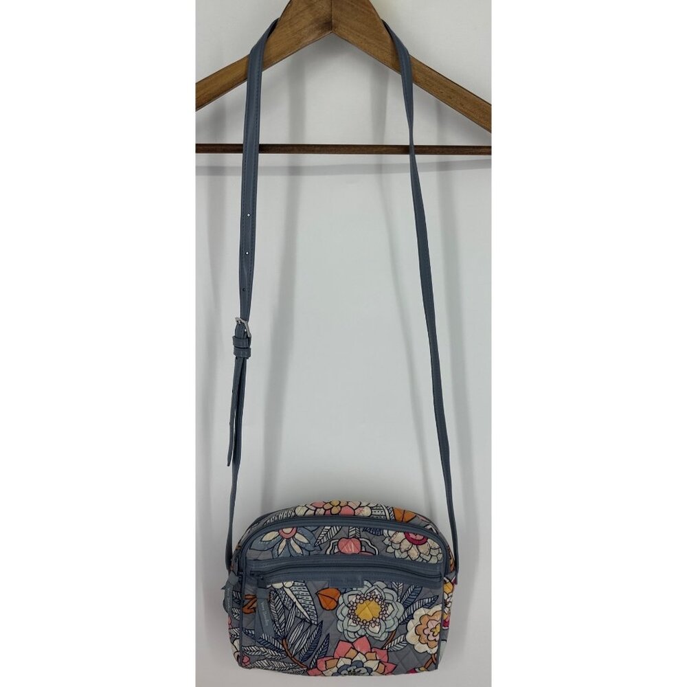 Vera Bradley Tropical Evening Gray Floral Leather Trimmed Crossbody Bag